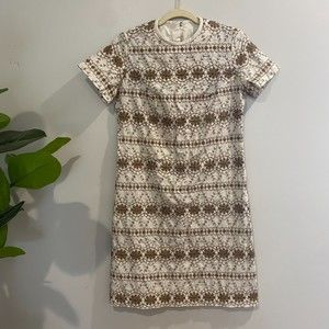 RARE Vintage 1960s Betty Hartford Embroidered Sheath Dress Cream & Tan